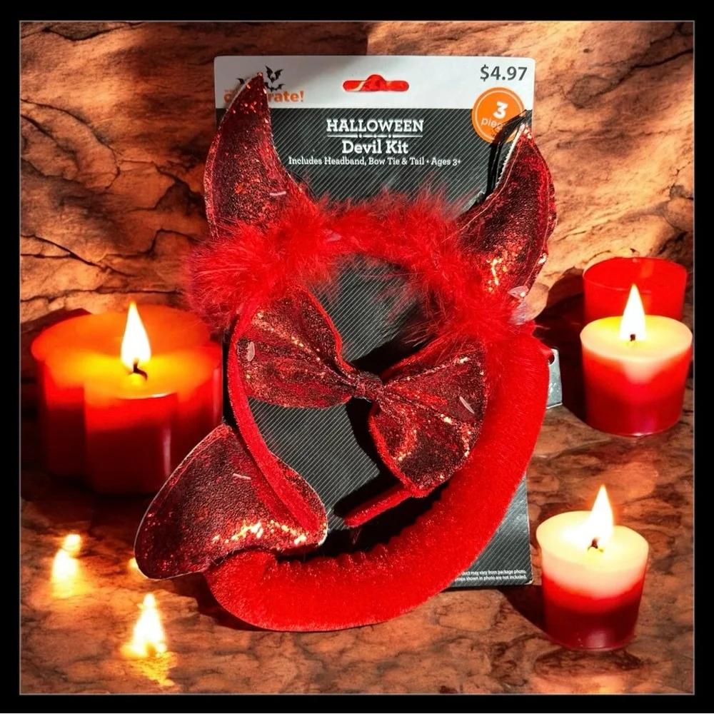 Sparkly Red Devil Costume Kit - 3 piece set- Bow tie, Tail, & Headband w/ horns - Picture 4 of 4